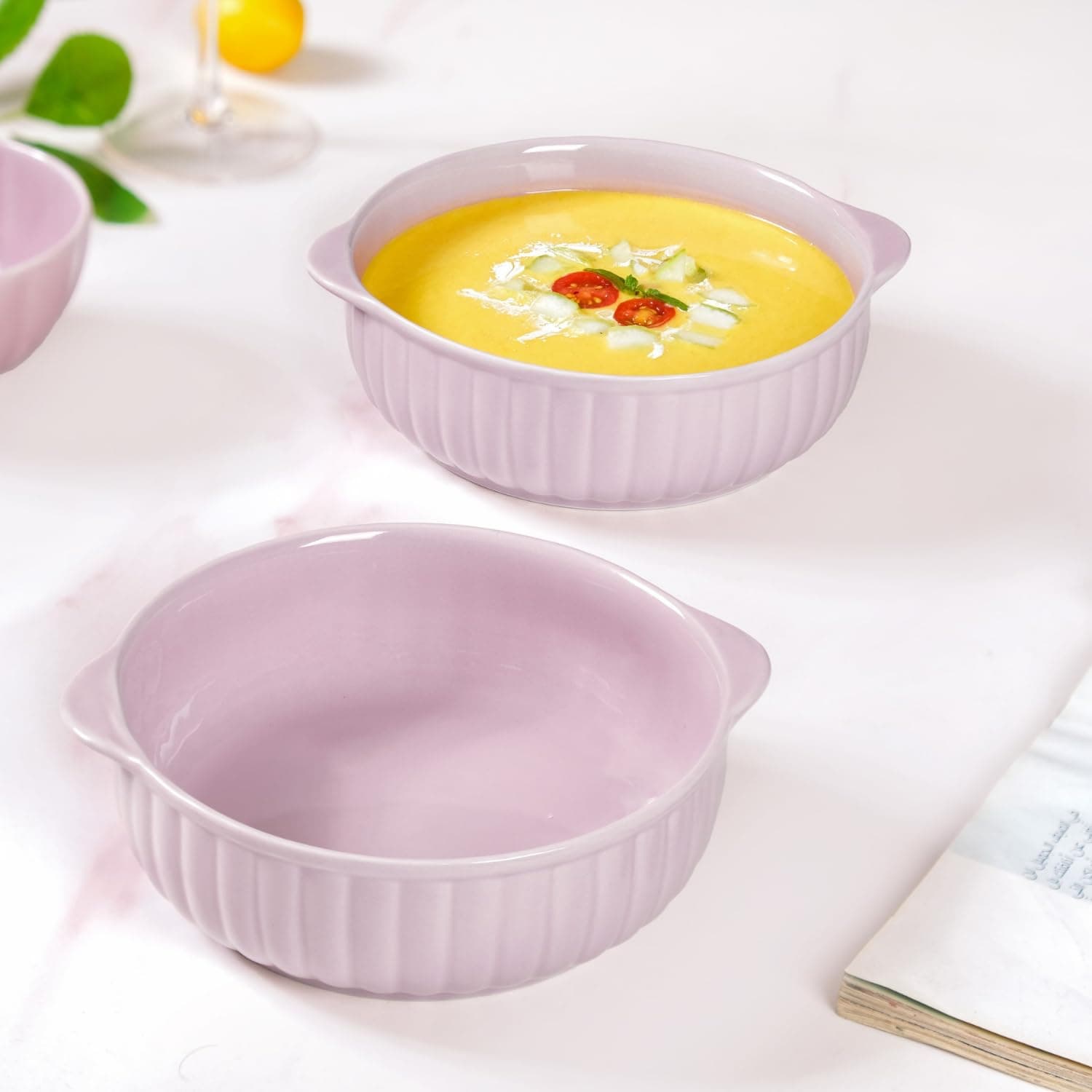 Nestasia Lilac Ceramic Baking & Serving Bowls Set of 2 | Durable, Ribbed Design, Microwave & Dishwasher Safe Perfect for Salads,Pasta,Snacks,Curry (800ml)