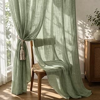 THE LINEN COMPANY Cotton Linen Sheer Door Curtains, Semi Transparent Light Filter Drapes with Rod Pocket, Modern Door Panel Curtain for Home Decor, Avocado Green, 7 Feet, Pack of 2