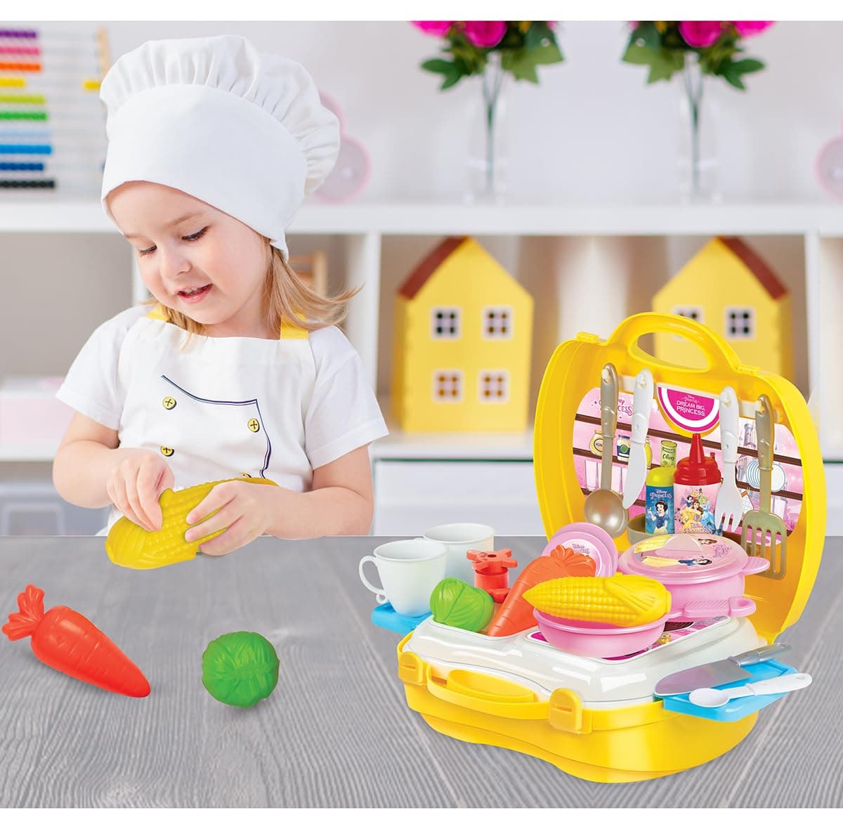Amazon Brand - Jam & Honey Kids Kitchen Set Toy with Portable Suitcase, Pretend Play Cooking Set for Boys & Girls 2+ Years, BIS Certified, Non-Toxic, Safe for Kids, Realistic Utensils, Multicolour