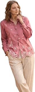 VINCHIC Women’s Cotton Embroidered Shirt Pink | Floral Embroidery Casual Shirt for Women | Button Down Full Sleeve Stylish Top
