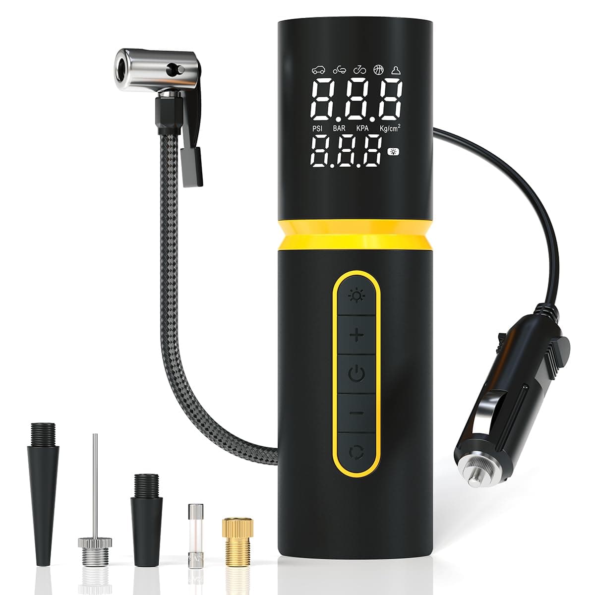 Portronics Vayu 5.0 Lite, Portable 12V DC Corded Tyre Inflator for Cars, 150 PSI, Fast Inflation, Digital LED Display, 3M Power Cord, Pressure Detection & Auto Shut Off, Emergency LED Light