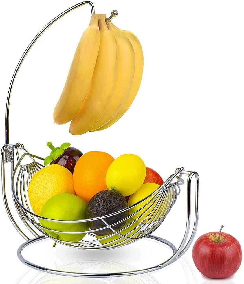 Craft Capital Chrome Plated Fruit Basket with Banana Hook, Removable Hanging Bowl, Kitchen Countertop Fruit Stand & Storage Organizer, Durable Fruit Holder, 25 x 25 x 38 Cm , 25 cm