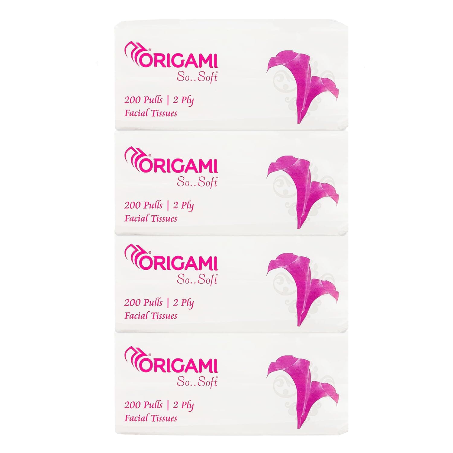 Origami So Soft 2 Ply Facial Tissue Pack | Ultra Soft, Skin Friendly & Highly Absorbent Face Tissues | Multipurpose Car, Home & Office Use | Pack of 4 (200 Pulls Per Pouch, 800 Sheets)