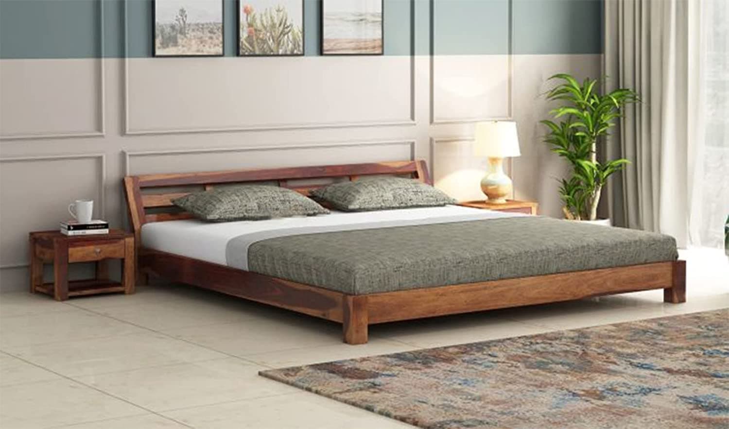 RJ ART Solid Sheesham Wood Low Height Queen Size Bed Without Storage | Wooden Double Bed | Low Floor/Lying/Rise/Level/Profile Cot Bed for Bedroom Furniture | Rosewood, Honey Finish