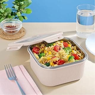 Larah by BOROSIL Freshbyte 800 ml Square Food Storage Container with Airtight Stainless Steel Lid | Fridge Container for Lunchbox | Food Grade Steel | Microwave Safe | Beige