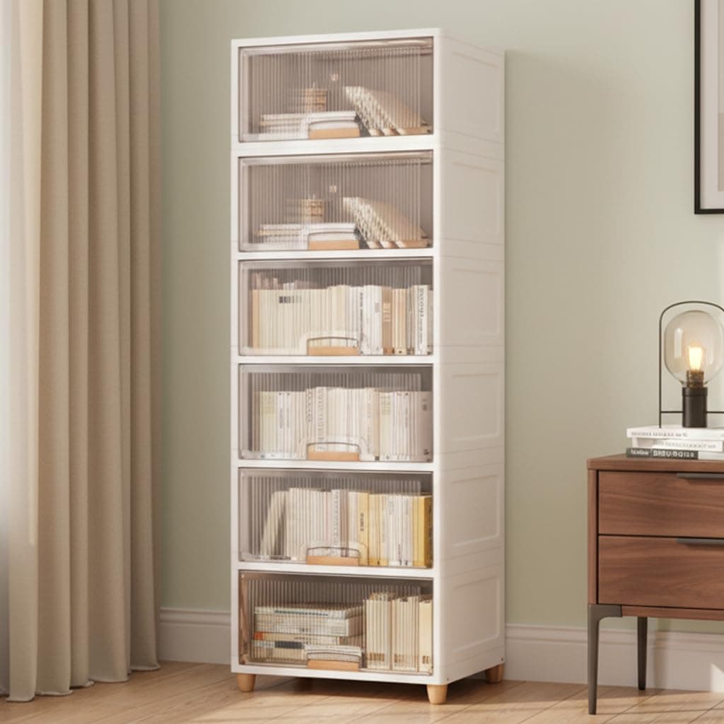 JD FRESH 6 Tier X-Large Cupboard for Storage/Stackable Plastic Storage Cabinet/Foldable Wardrobe for Clothes/Multipurpose Storage Organizer/Closet for Bedroom/Living Room/Kitchen (Transparent & White)