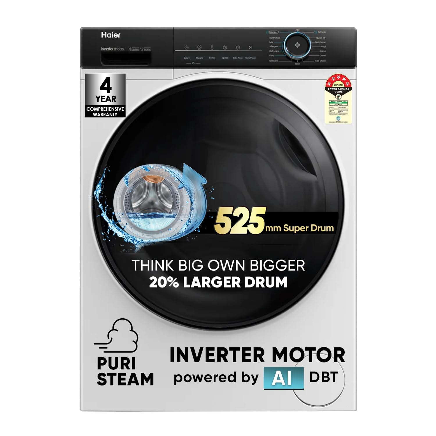 Haier 8 kg 5 Star Powered by AI-DBT with PuriSteam, 525mm Super Drum, Inverter Motor with In-Built Heater Fully Automatic Front Load Washer (HW80-IM12929C | White)