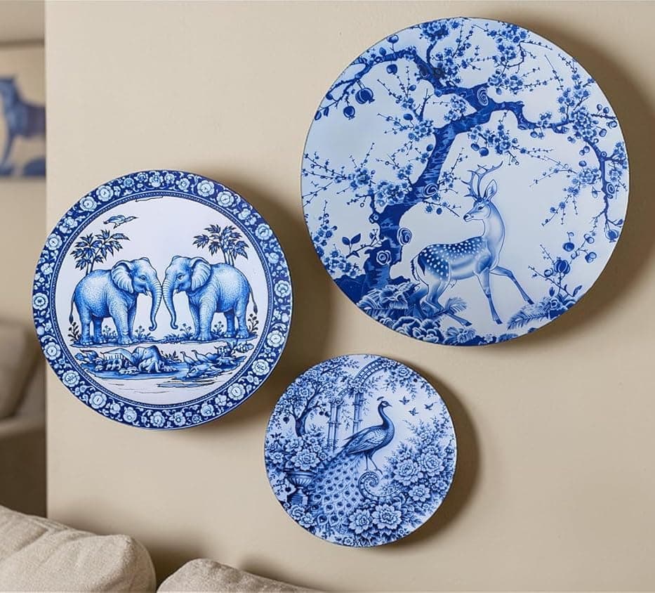 PARADIGM PICTURES Metal Wall Plates for Home Decoration, Blue and White Jungle Art Design, Room Decoration Items for Bedroom, Set of 3