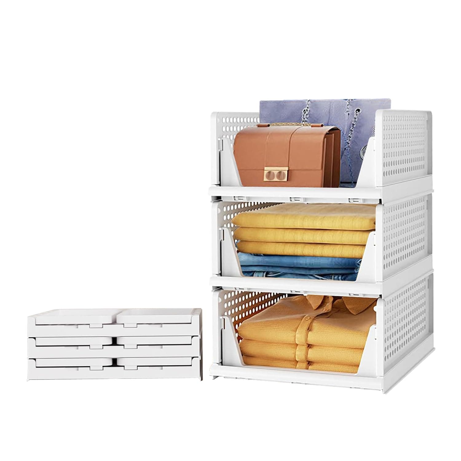 Aditya polymers Large Wardrobe Closet Organizers Pack of 3 | Foldable Stackable Clothes Storage Baskets | Adjustable Sliding Drawer Design | Space Saving Multipurpose Organizer for Cupboard Almirah