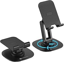 Portronics Mobot III 360° Rotatable & Foldable Mobile Phone Holder With Stable Metallic base,Adjustable Height, Anti Skid Pad,Tabletop Mobile Phone Stand for all Smartphones,tablets,Kindle,ipad(Black)