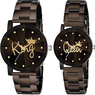 Generic GIFFEMANS Black King Queen Dial Round Shape Stainless Steel Strap Analog Couple Watch for Men and Women - Combo of 2