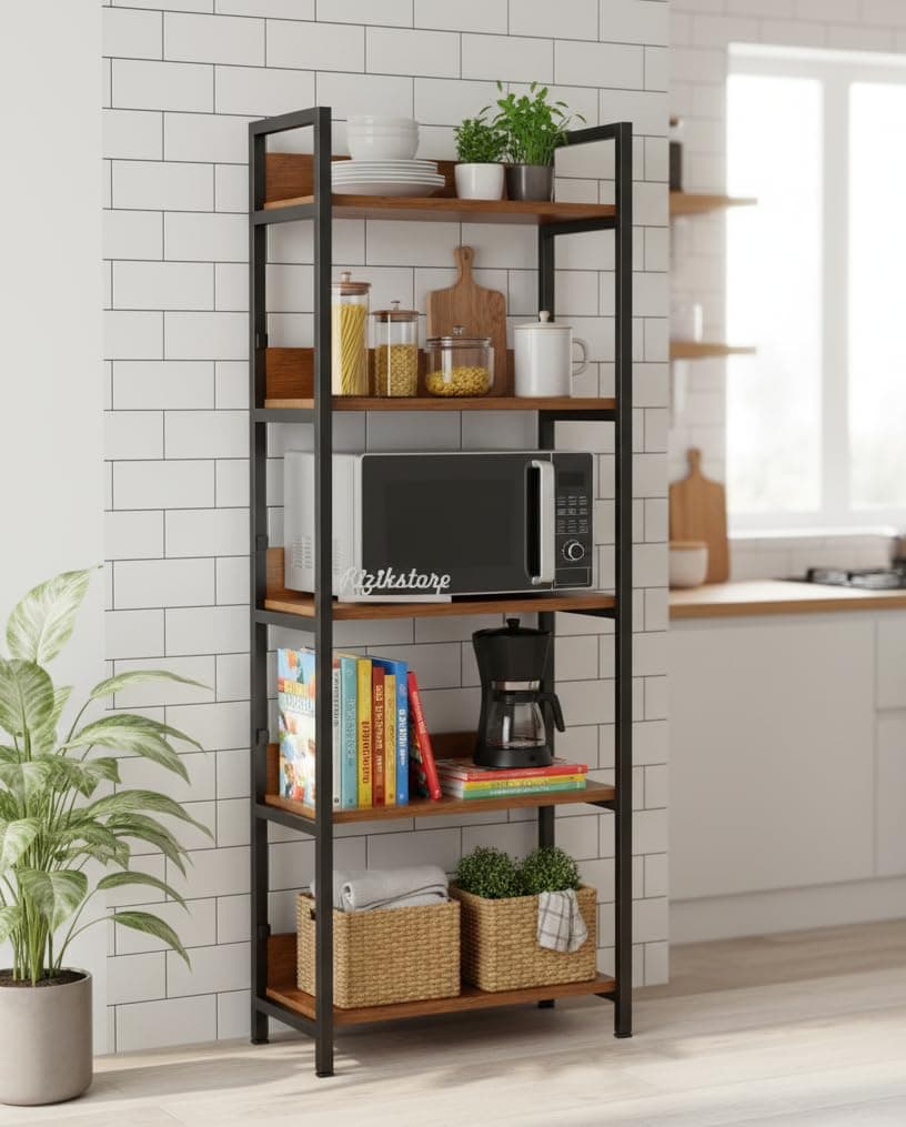 RIZIK STORE™ 5-Tier Metal & Wooden Microwave Oven Stand - Multipurpose Extra Storage for Kitchen, Coffee Bar, Countertop, Bathroom (5 Tier)