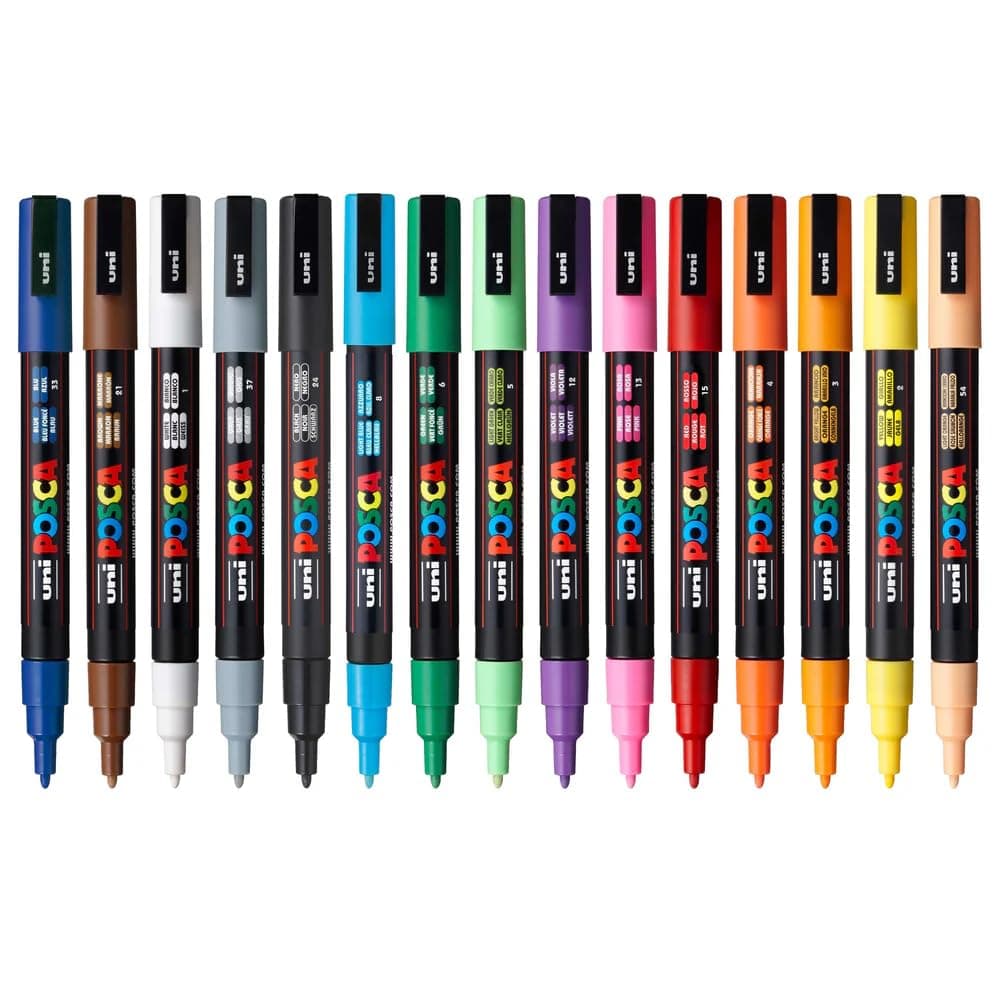 Posca PC-3M Marker | 0.9-1.3 mm Bullet Shaped Tip (Multicolor, Pack of 16)