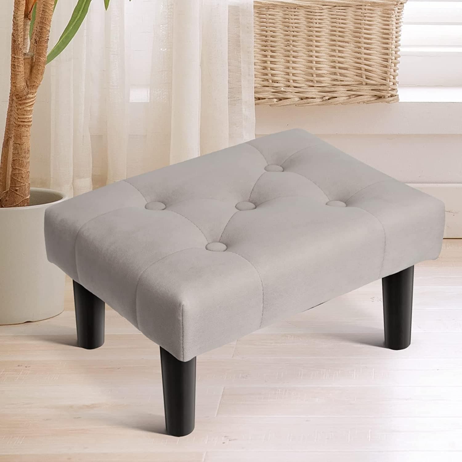 PREDELLA Wooden Stool/Foot Stool/Office Stool/Stool for Kitchen/Foot Rest Stool for Living Room Small Step Stool for Living Room/Ottoman/Cushion Stool/Wooden Stool Cotton Cover (Grey) (Grey)