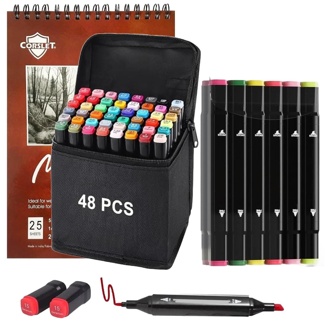 Corslet Dual Tip Markers for Drawing Art Set 60 Pcs Alcohol Markers with 2 Different Packs of 12 Pc & 48 Pc Sketch Pen Alcoholic Markers Set Art Supplies for Artist Marker with 200gsm Marker Pad
