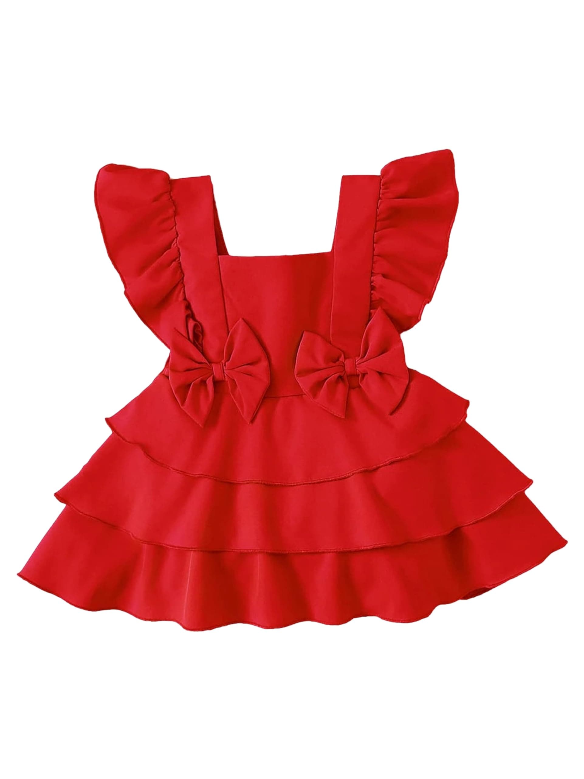 LYTIX Baby Bow Front Square Neck Layered Hem Bodysuit Crepe Dress for Girls | Ruffle Dress for Baby Girls | Breathable Kids Frock & Dresses for Babies