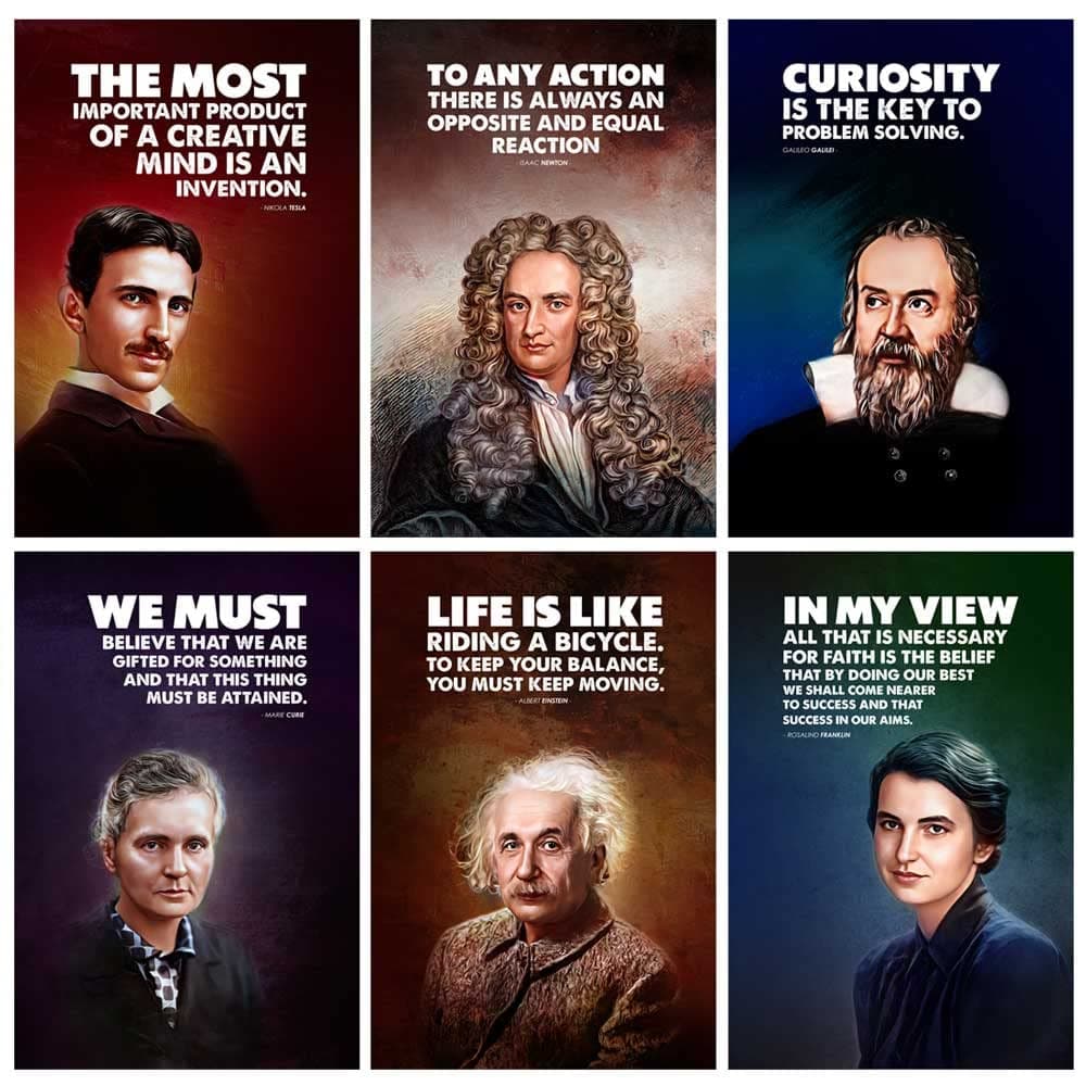 SWASUM Great Scientist (Newton, Albert Einstein, Rosalind, Tesla, Galileo, Marie Curie) Motivational and Inspirational Quotes Posters, (Pack of 06, 18X12 Each Poster Size) (VINYL(Stickers))