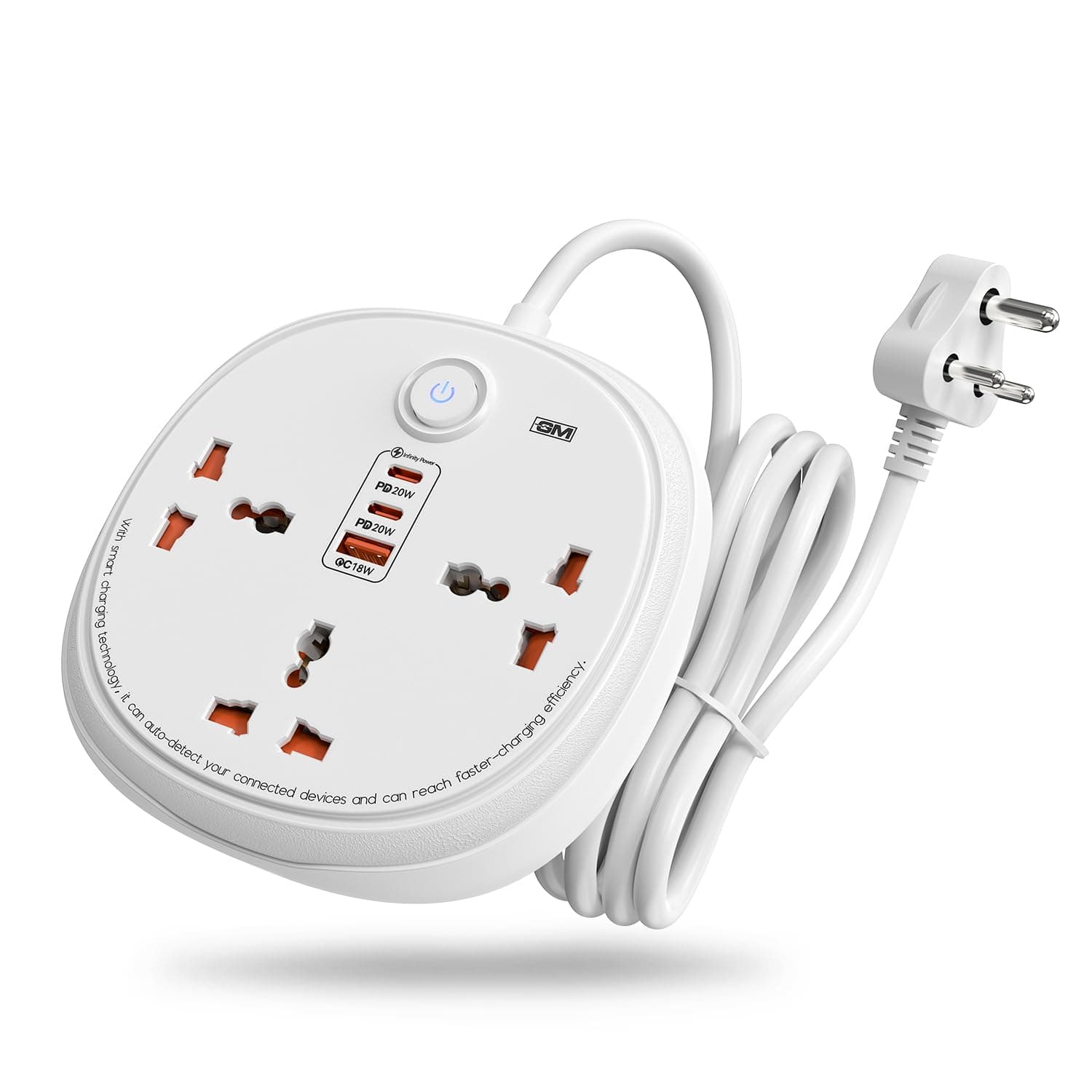 GM 6-in-1 PD Power Strip Extension Board with USB Port, 3 Universal Sockets & 2 Mtr Cord | 2 Type-C & 1 USB-A | Neon Indicator Master Switch | Child Safety Shutter & Surge Protection