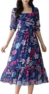 SMOWKLY Women's Georgette Floral Printed Western Gown || Half Sleeve V Neck Fit & Flare Flared Hem Design || A-Line Maxi Dress Casual Wear