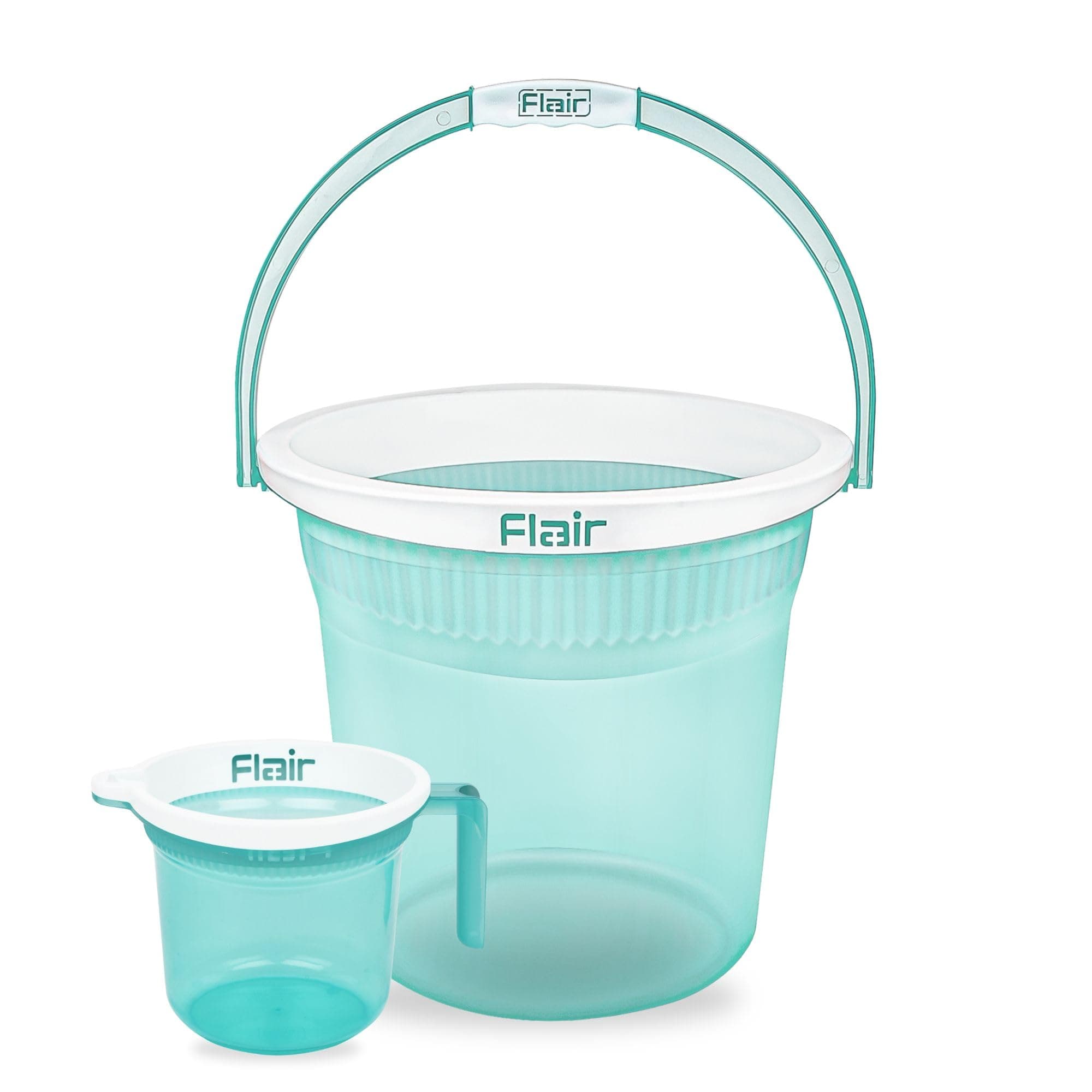 FLAIR Estella Crystal Bathroom Essentials Set | 24L Plastic Bucket with 1.5L Mug | Transparent Green | Premium Virgin Plastic, Durable & Multipurpose (T.Green, 24 Bucket + 1.5 Mug LTR)