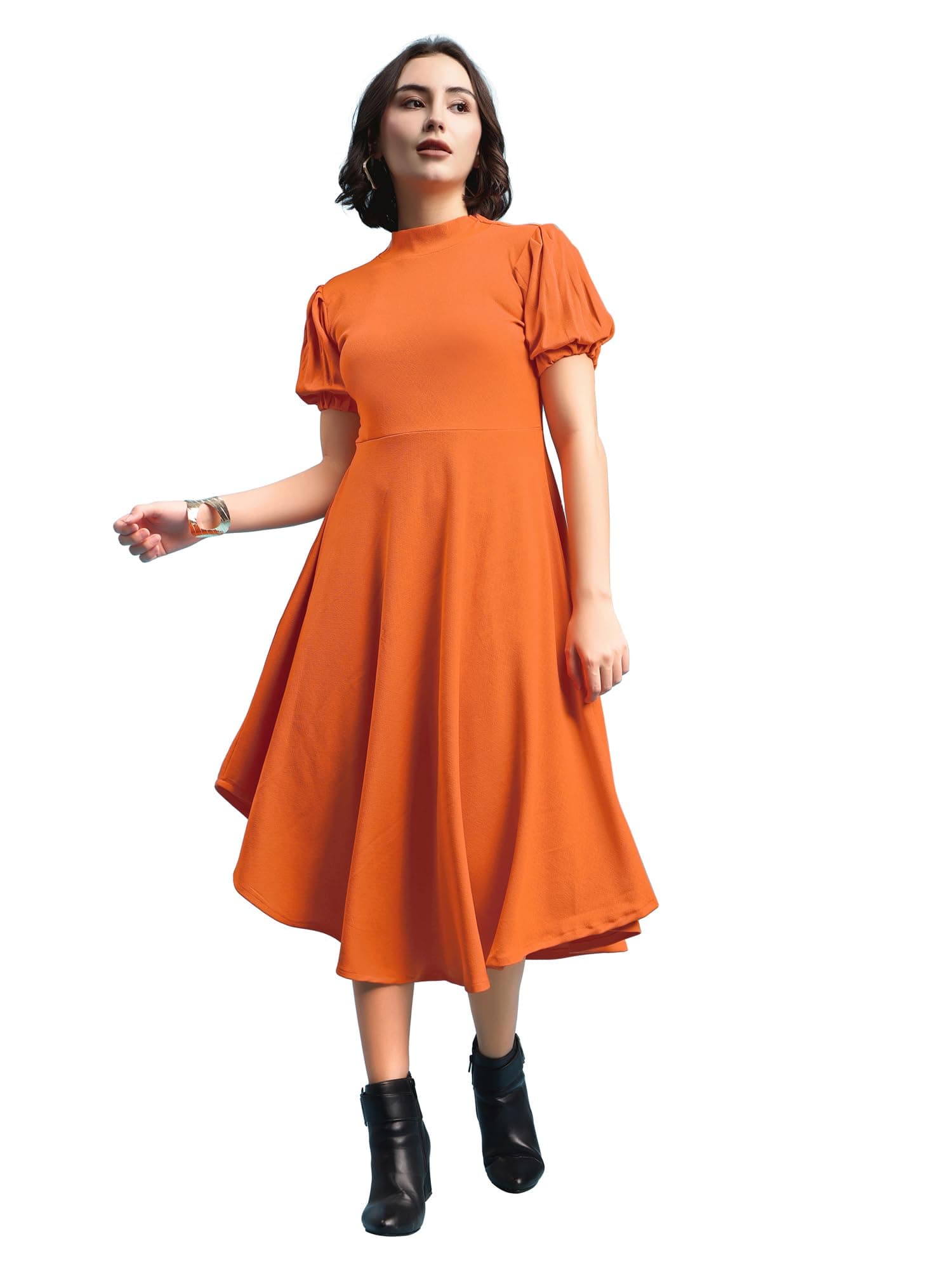 PURVAJA Women’s Fit & Flare Knee Length Short Sleeve Turtle Neck Solid Dress