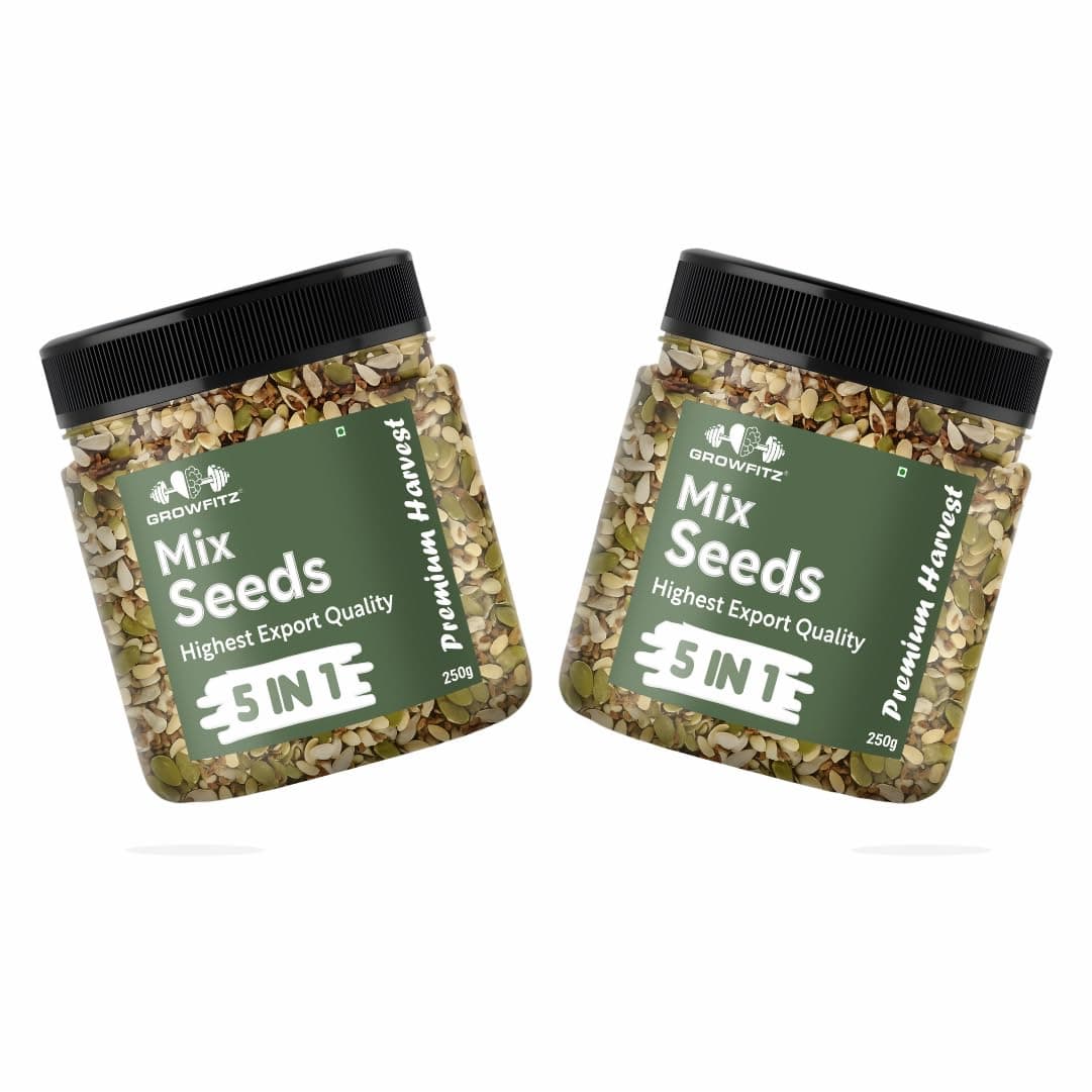 Growfitz 5-in-1 Super Seed Mix | Pack of 2 (250g Each)| 20.5g High Protein & Fiber | Roasted Pumpkin, Sunflower, Flax, Chia, Soy Nuts & Sesame | Healthy Snack | Export Quality Superfood