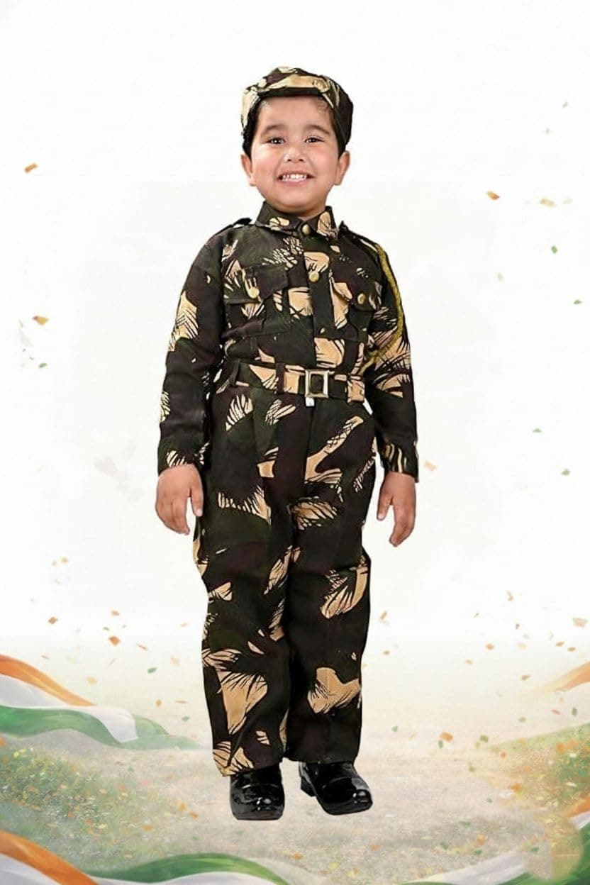 BookMyCostume Cotton Indian para Military with Whistle Special Forces Professional Commandos Camouflage Print Kids Fancy Dress Costume 3-4 Years