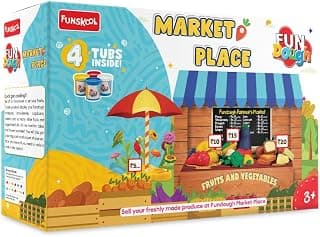 Funskool Fundough Playset Market Place, pretend play, 4 tubs of Dough, Toys for Kids, Shaping, Sculpting, 3 Years and Above, Multicolour