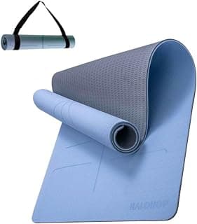 Halohop Yoga Mat for Woman True Alignment Yoga Mats TPE Material 6mm Extra Thick Anti-Slip Exercise Mat Perfect Grip Alignment Lines Durability Cushioned Large Size Blue