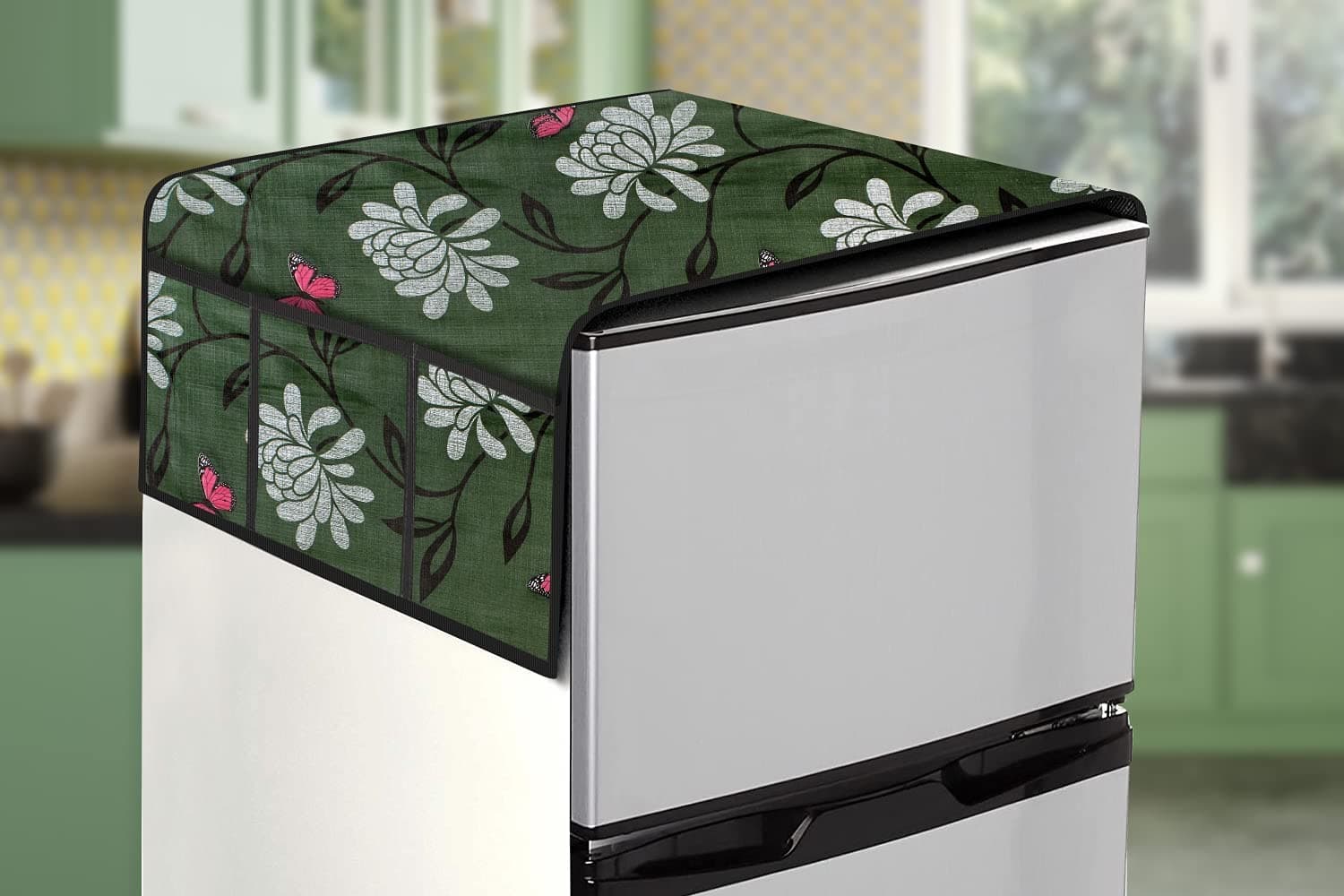 Stylista Dust & Stain Free Waterproof Fridge/Refrigerator Top Cover 39x22 Inches (LxW) with 6 Pockets Petals Pattern Green
