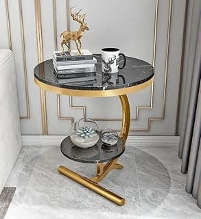 Modern Round Tea Coffee Table with 2-Tier Storage Marble Finish Bedside Table Utility Corner Sofa Side Table, End Table for Small Apartment Living Room Cafe Bar (Gold Black)
