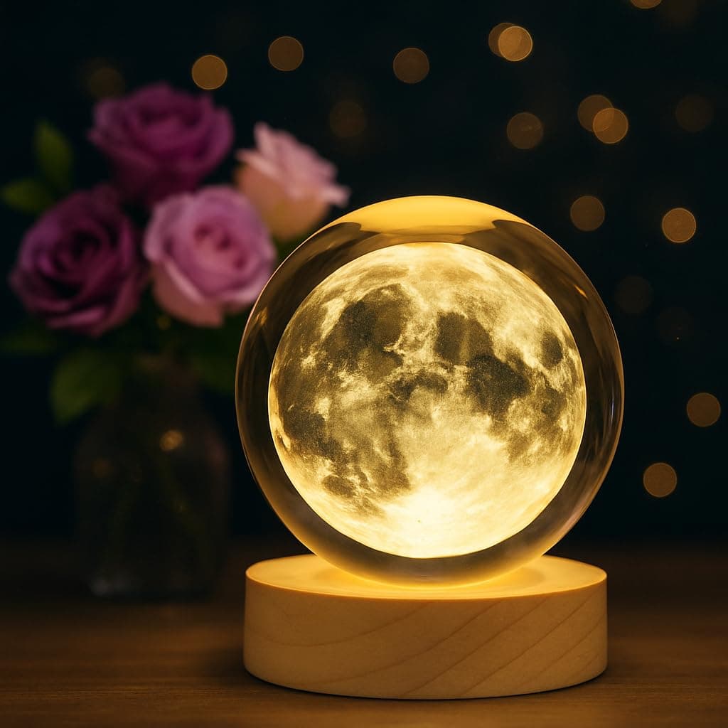 Novo Baby 3D Crystal Lamp Crystal Ball Night Light for Baby with Wooden Base | LED USB Powered Ball | Moon Light Lamp | Birthday Gift for Friend, Home & Office Décor for Activity & Play Time (Moon)