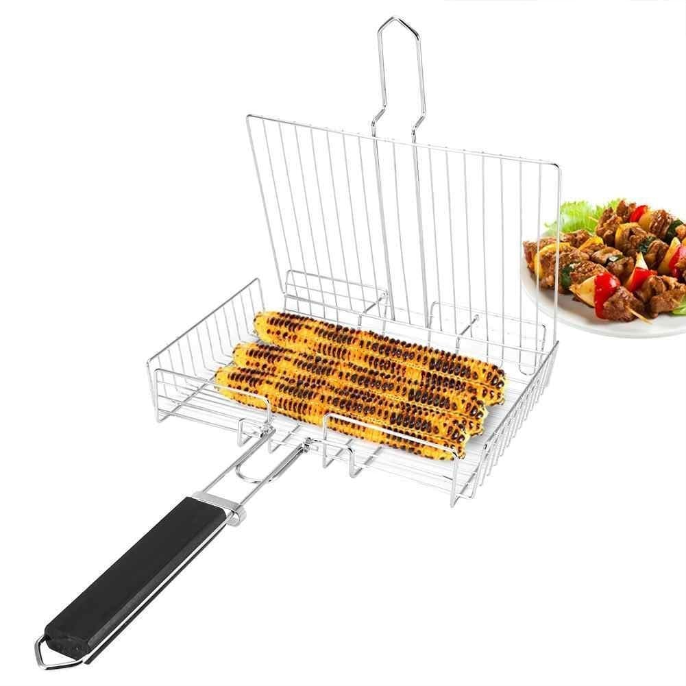 COSKIRA BBQ Grill Basket, Portable Stainless Steel Outdoor Non-Stick Foldable Barbecue Grilling Basket with Removable Wooden Handle, BBQ Accessories for Fish Vegetables Shrimp Meat for Camping