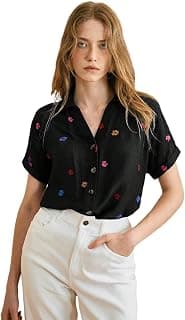 FERY LONDON Women’s Black Floral Embroidered Shirt | Elegant Short Sleeve Shirts for Casual & Office Wear | Stylish Summer Button-Down Shirt for Girls & Women