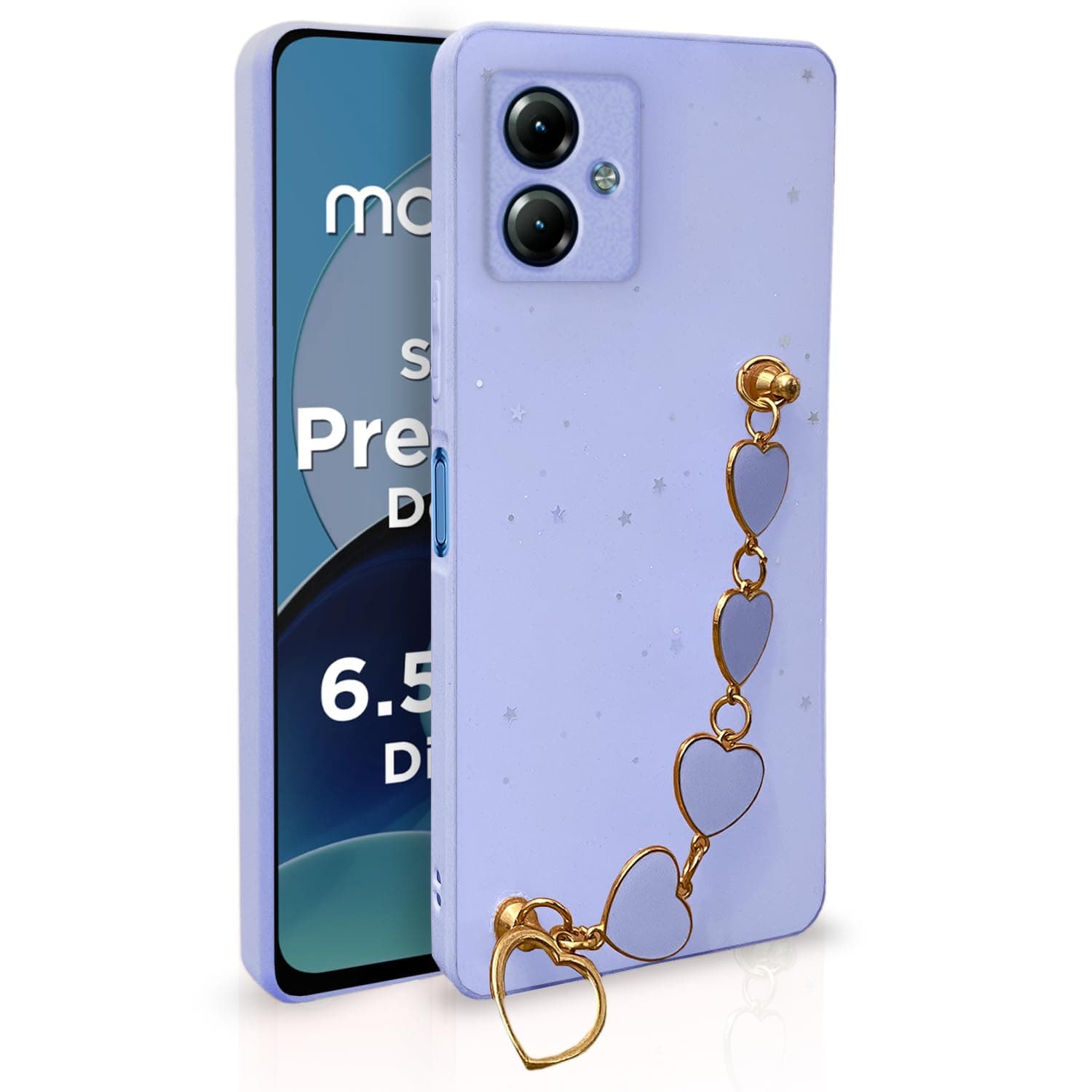 Amazon Basics Back Cover for Moto G14| Heart Shaped Metal Chain Blocks Sparkling Soft TPU Bumper case for Girls (Purple)