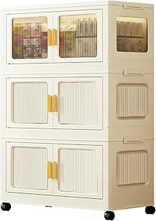 House of Quirk 3 Layer Storage Box Cabinet Wardrobe with Wheels – Durable Plastic Foldable Closet Organizer for Clothes, Bags, and Living Room Storage (45cm, Cream)