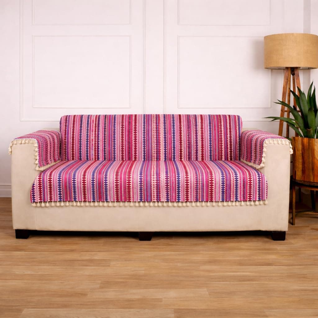 Gifts Island® 3 Seater Cotton Sofa Cover Mat | Anti Slip Sofa Cover Throw | All Over Furniture Protector with Elastic Straps | Washable Couch Cover for Living Room (Pink, 3 Seater)