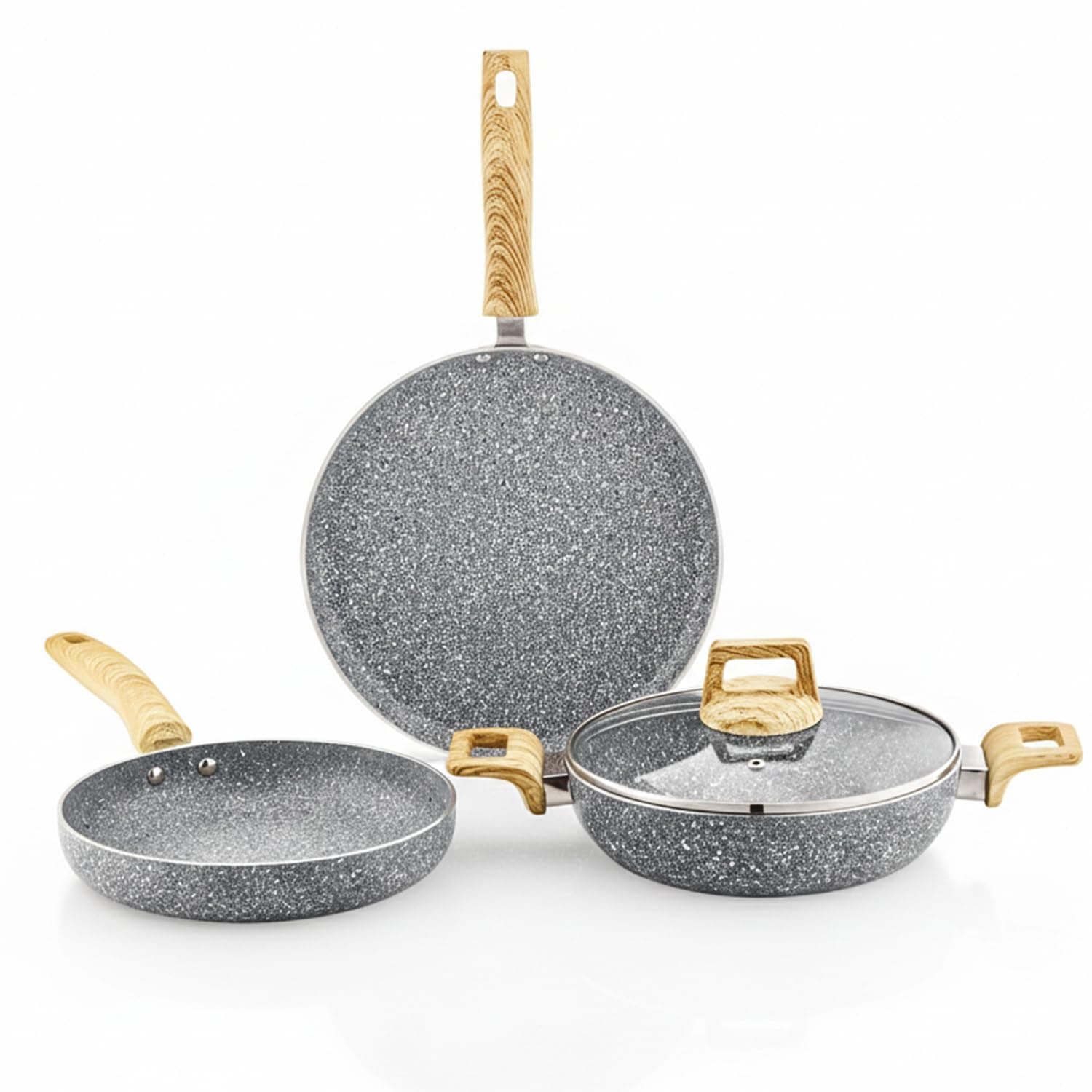 Amazon Basics Granite Finish Aluminium Non-Stick Induction Base Cookware | Set of 3 | 24cm Fry Pan, 24 cm Kadai, 28cm Tawa | Granito Grey | Grey