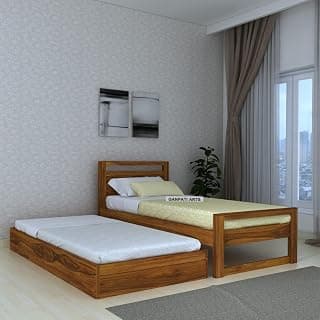 Ganpati Arts Sheesham Wood Rio Single Size Bed with Trundle Wooden Bed Furniture with Storage for Living Room Home (Natural Finish)