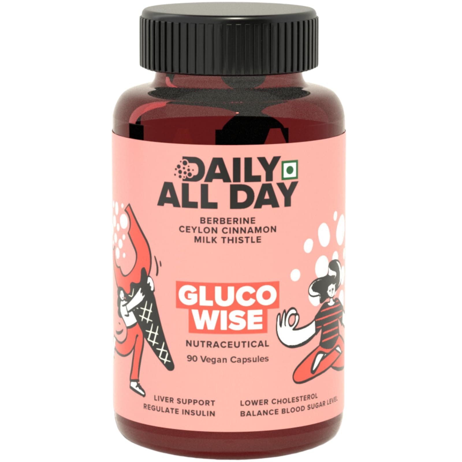 Daily All Day Gluco Wise Berberine Capsules with Ceylon Cinnamon & Milk Thistle Berberis Aristata Daruhaldi Supports Healthy Blood Sugar, Cholesterol & Liver Detox Ayurvedic 90 Vegan Capsules Pack of 1