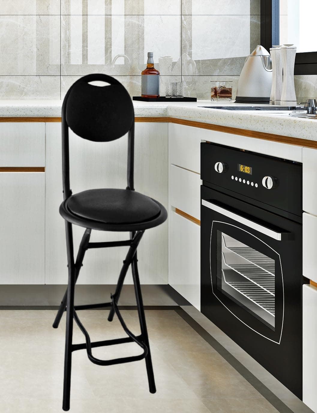 IYB-NEW 24-inch Seating Height Strong Heavy Duty Folding Stool Chair with Foot Rest & Higher Height for Kitchen Office Breakfast Padded Black - 1P