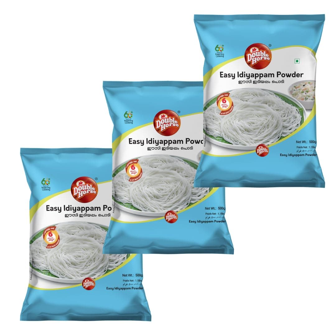 Double Horse Easy Idiyappam Powder-500 Gram (Pack Of 3)|Export Quality|Rice Flour|Hot Water Not Required|6 Minutes Magic|Noolappam|Nool Puttu Powder