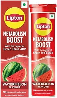 Lipton Metabolism Boost with 150mg Green Tea Catechins and 50mg ACV (Apple Cider Vinegar) | For Weight Loss & Fat Burn | Zero Calories | 16N Effervescent Tablets | Watermelon Flavour