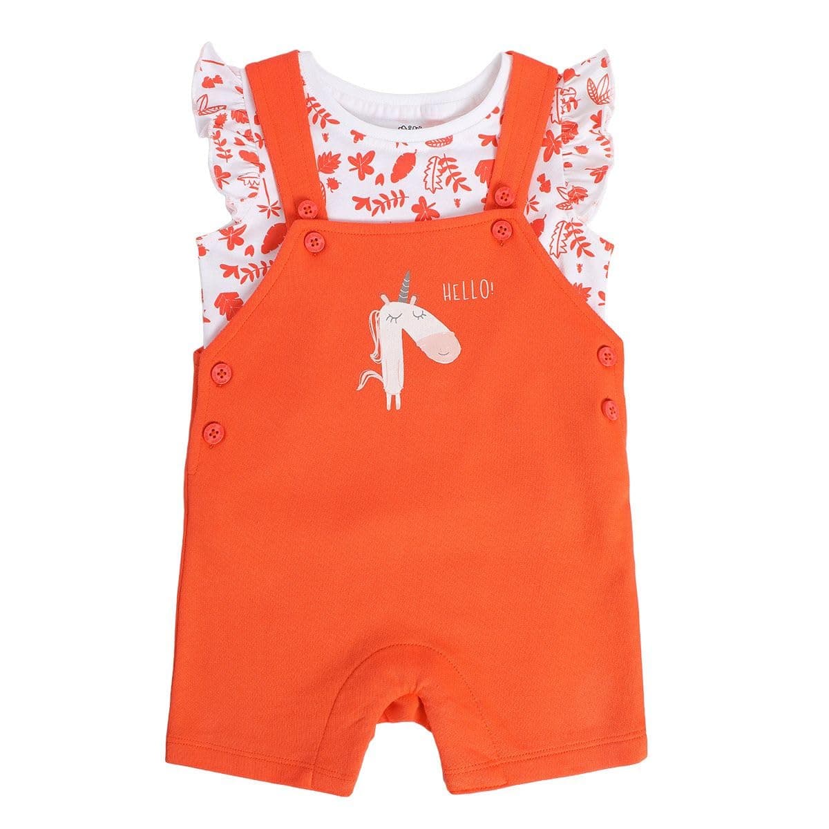 miniklub Baby Round Neck Knitted Cotton Printed Dungaree Set, Pack of 2 (White/Orange Color)