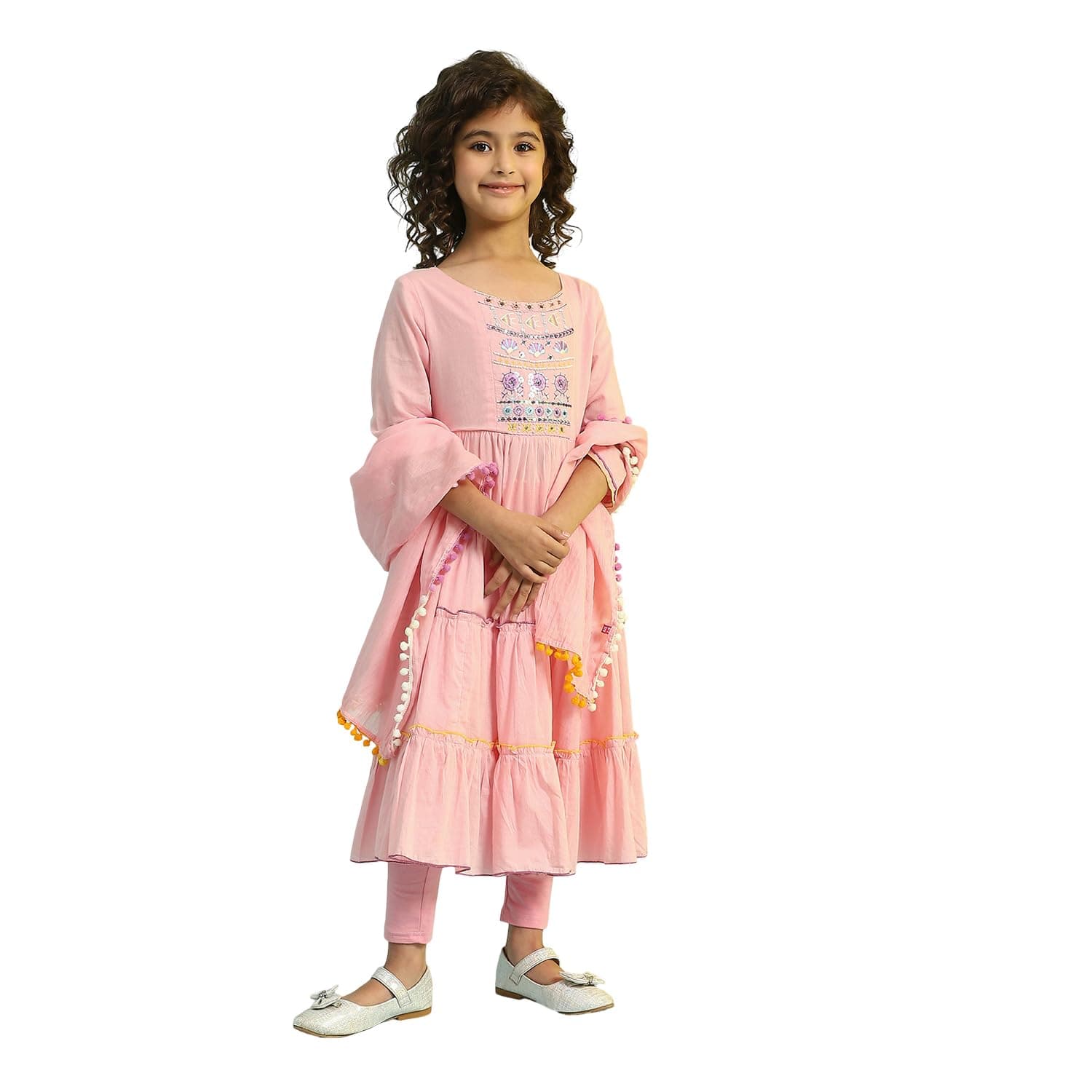 Biba Girls 3/4 Sleeve 100% Cotton Round Neck Kurta Set