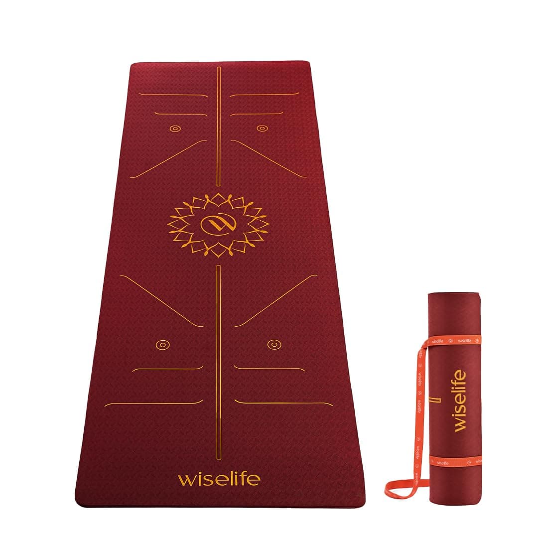 WiseLife Lotus Alignment 10mm Yoga Mat with Strap | Non-Slip Thick Exercise Mat for Yoga, Pilates, Gym & Flexibility Training (Wine)