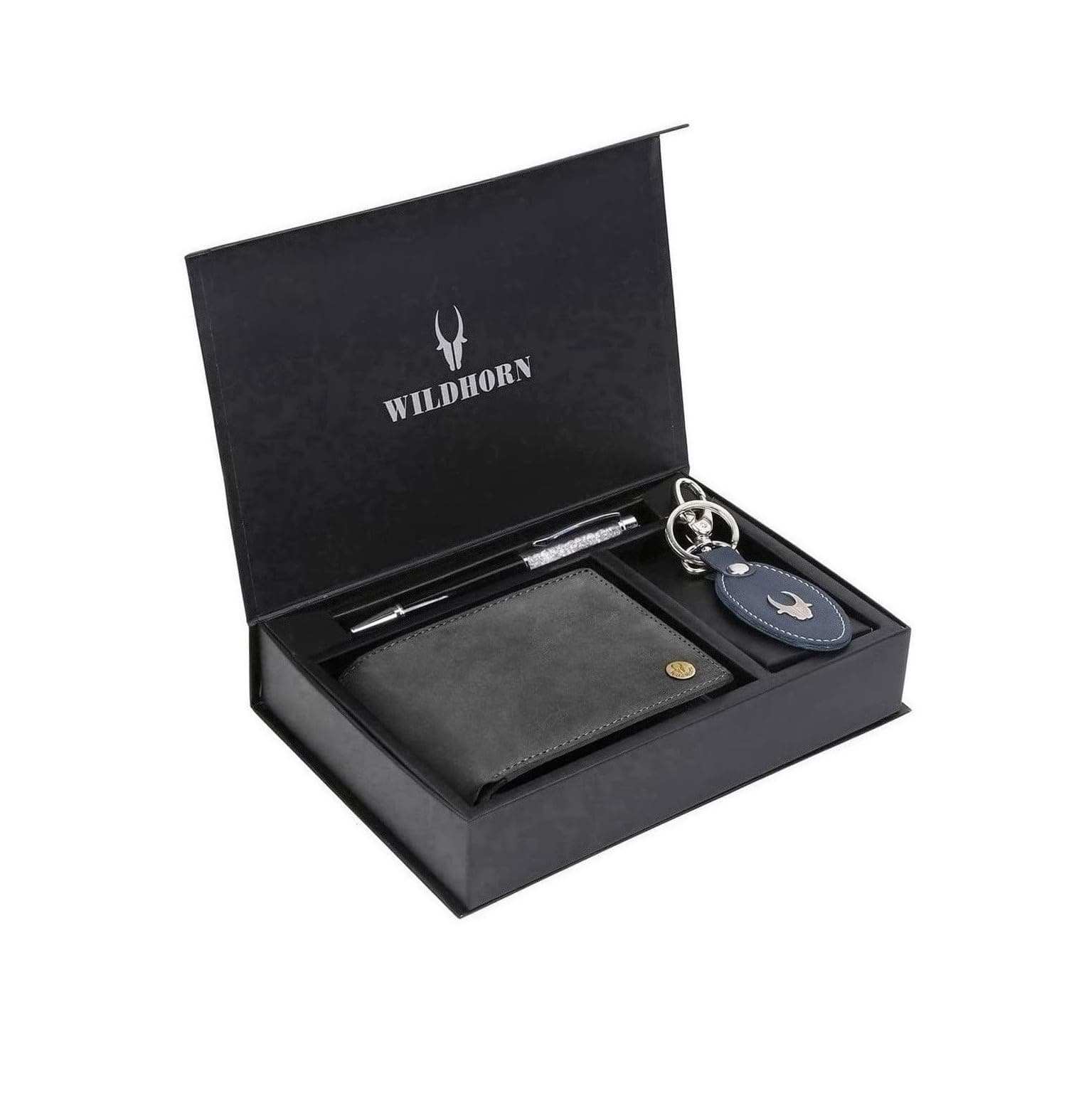 WildHorn Grey Leather Men's Wallet, Keychain and Pen Combo Set (GIFTBOXMIX)