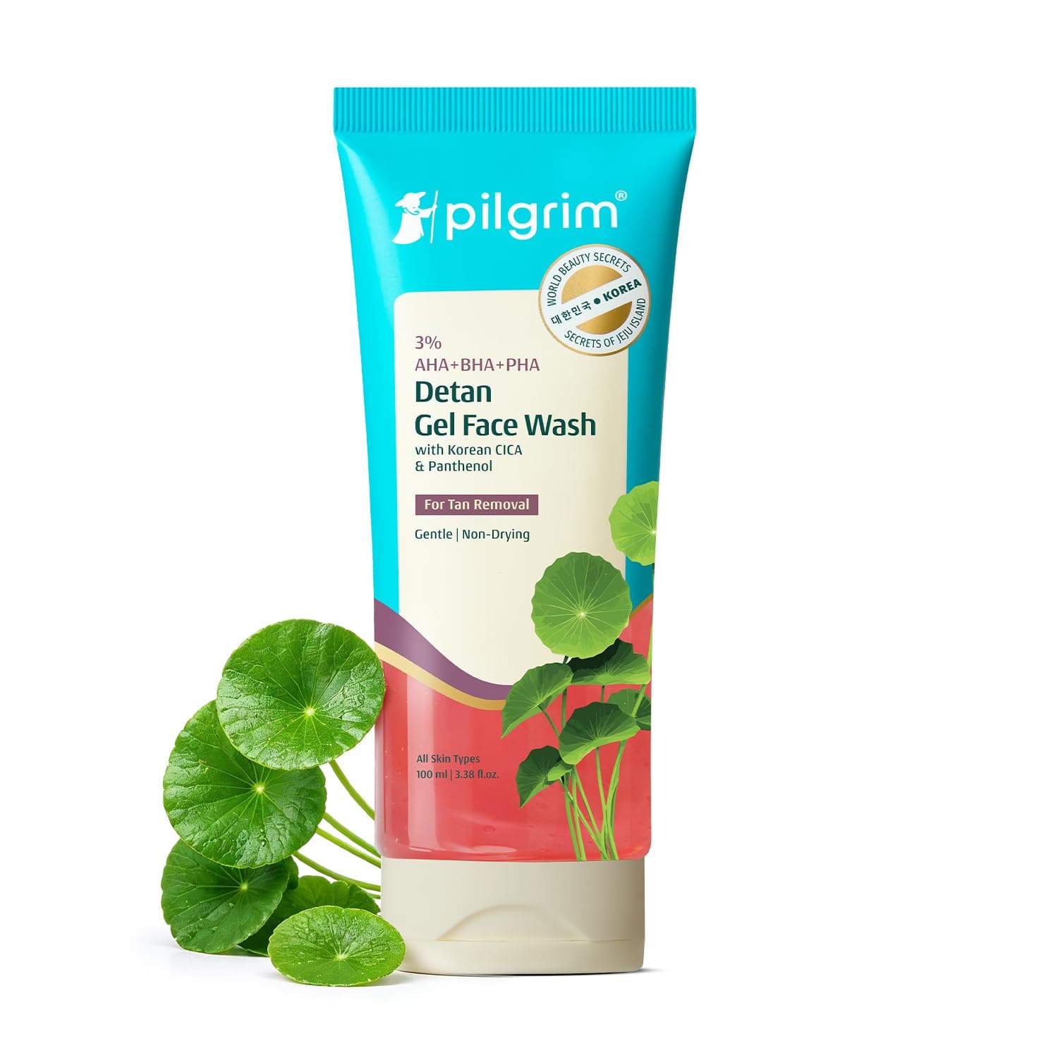 Pilgrim 3% AHA BHA PHA Detan Gel Face Wash | Korean Cica & Panthenol | Detans | All Skin Types| Salicylic, Lactic, Gluconolactone | For Men & Women| 100 ml