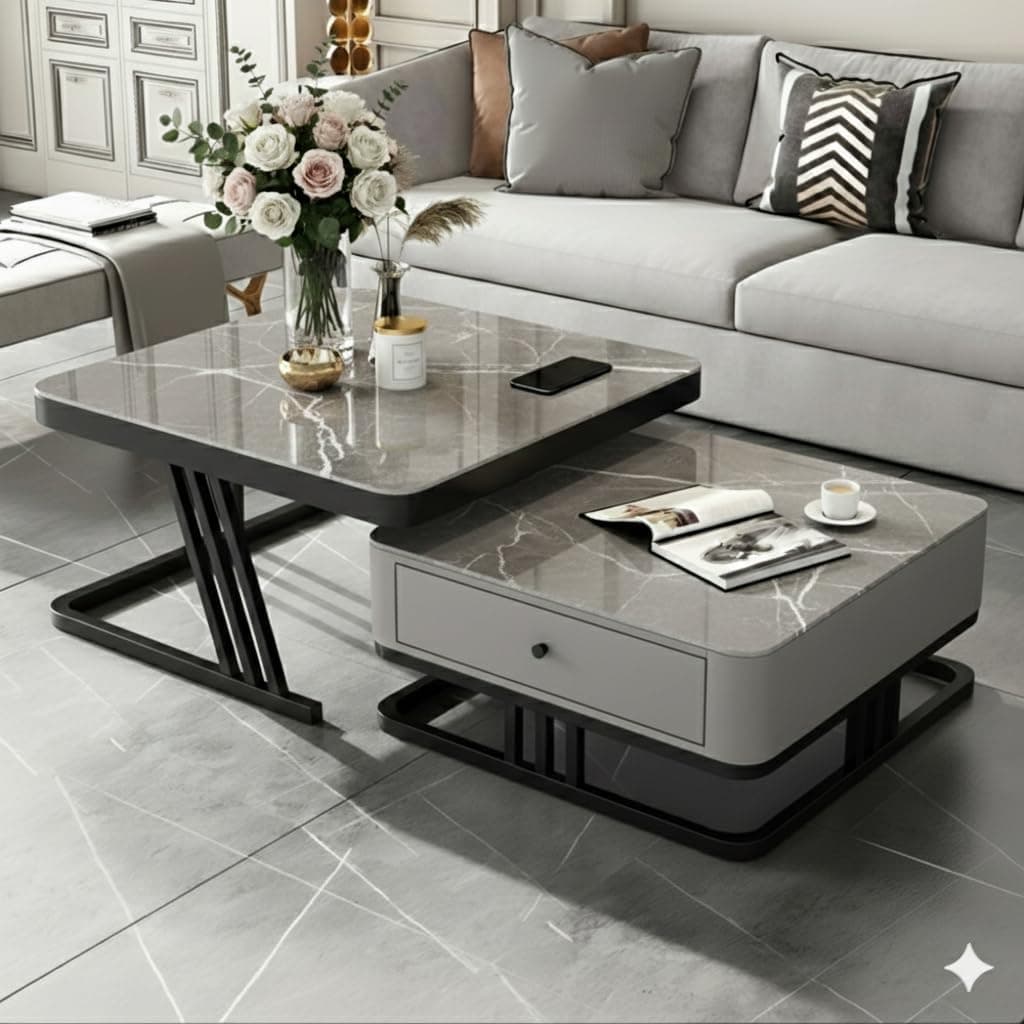 Welltrade Handmade Drawer Square 20"x20" Coffee Table/Nesting Table/Side Table/Center Table with Marble Finish Top for Living Room/Drawing Room (Black & Grey)
