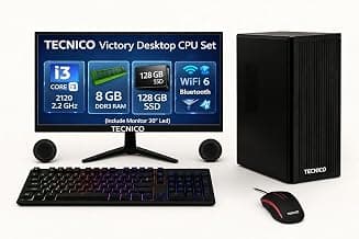 TECNICO Victory Desktop CPU Set, Core I3 2120 2.2GHz, 8 GB DDR3 RAM, 128 GB SSD, RGB Keyboard Mouse Set, WiFi 6, Bluetooth, Speakers, (Include Monitor 20" Led)